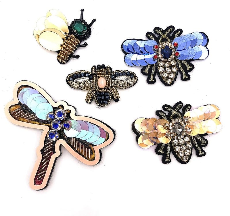 ESH7 5 Pcs Dragonfly Beaded Patches Rhinestone Sew On Sequin Patch Handmade Insect Bead Patch Bee Applique for Handbag Jeans Jackets Shoes Clothing - Image 1